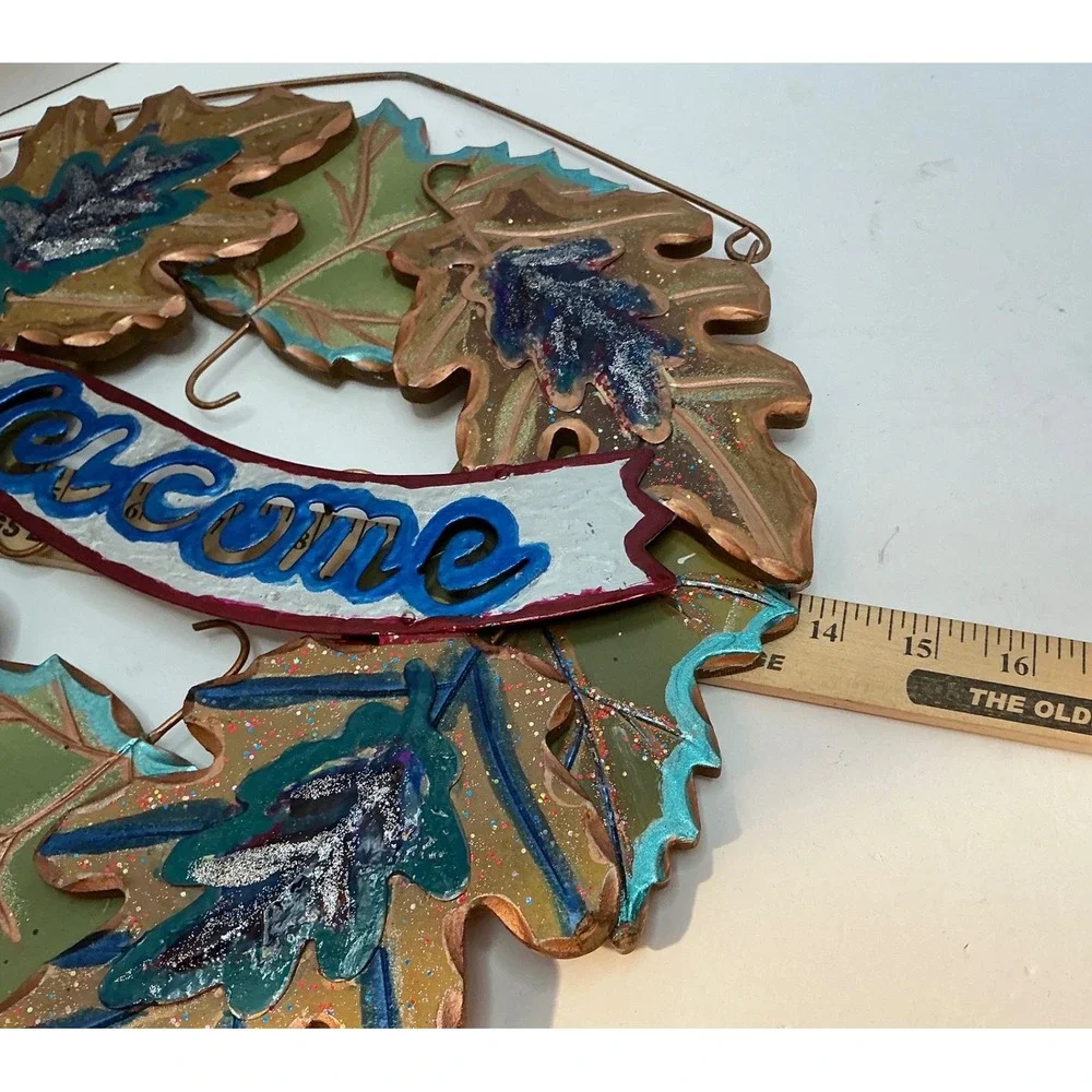 Autumn Metal Leaf Welcome Wreath Glitter Fall Door Decor 14in Rustic